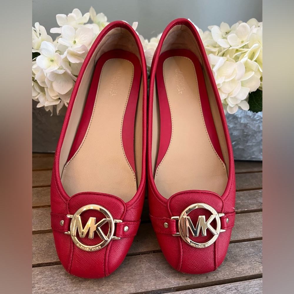 Michael Kors Fulton Flats, Red with Gold Logo, Size 7.5